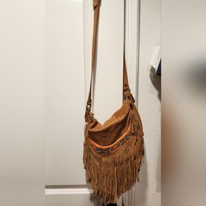 Leather Fringe Beaded Tan Crossbody Bag